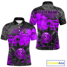 Load image into Gallery viewer, Purple and black bowling-themed shirt with 'Team Name' and 'Your Name' text on a white background.