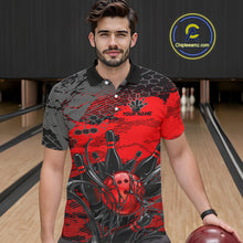 Load image into Gallery viewer, Man wearing a red and black bowling-themed shirt in a bowling alley.