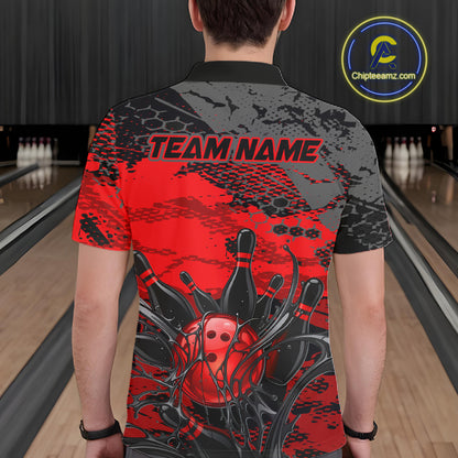 Man wearing a red and black bowling-themed shirt in a bowling alley.