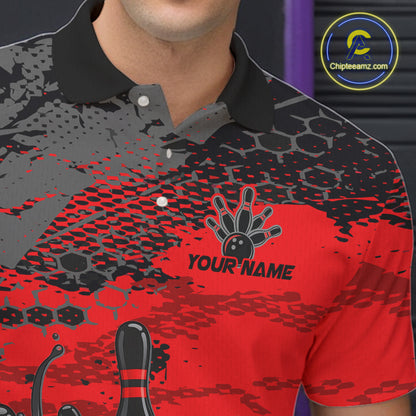 Red and black patterned bowling shirt with a logo and 'Your Name' text, brand logo visible.