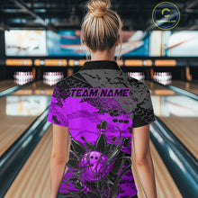 Load image into Gallery viewer, Person wearing a purple and black bowling shirt with 'TEAM NAME' text in a bowling alley.