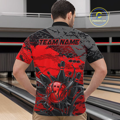 Person wearing a red and black bowling shirt with 'TEAM NAME' text at a bowling alley.