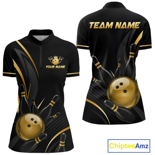 Black and gold bowling jersey with customizable text on a white background