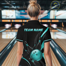 Load image into Gallery viewer, Person wearing a black bowling shirt with 'TEAM NAME' text in a bowling alley.