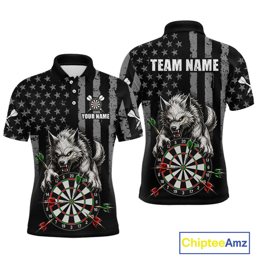Front and back views of a black short-sleeve polo shirt with a distressed American flag pattern, featuring a large gray wolf and dartboard graphic on the front, and 'TEAM NAME' text on the back. The shirt is shown on a white background with a 'ChipteeAmz' logo in the bottom right corner.