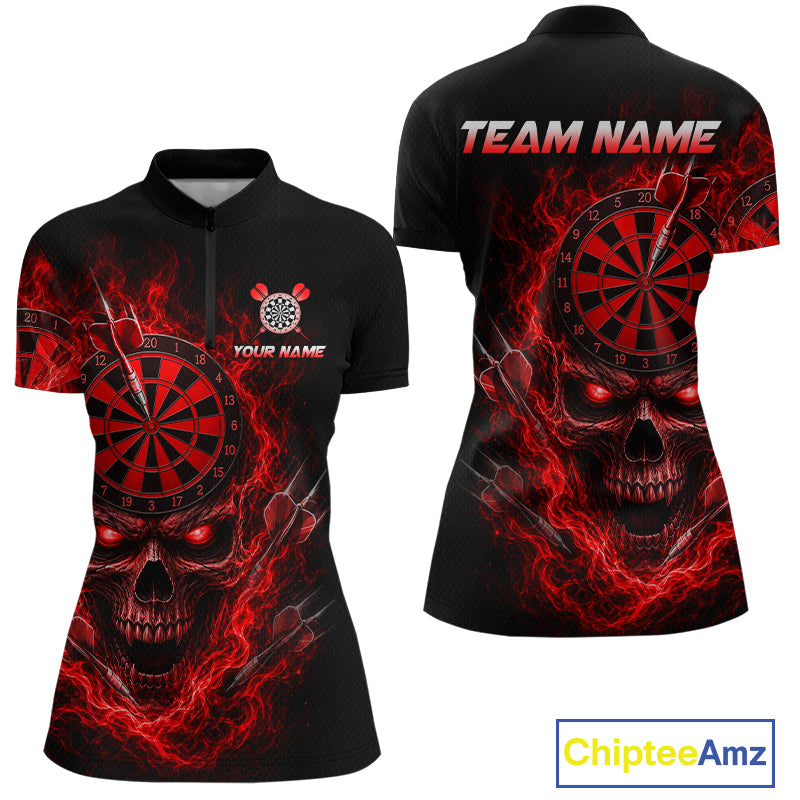 Black short-sleeve polo shirt shown from front and back, featuring a red and black skull with dart marks and a dartboard graphic, plus customizable text areas on the chest and back. A ChipteeAmz logo appears in the bottom right corner.