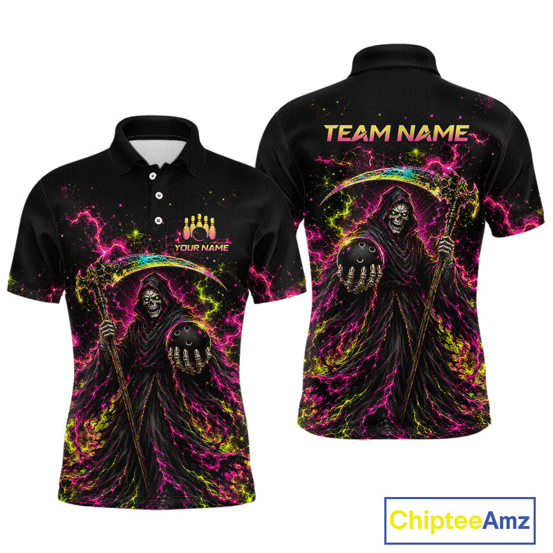 Flame Grim Reaper Bowling Team Shirts for Men Custom Bowling Gifts Bowler Polo & 1/4 Zip HNT533
