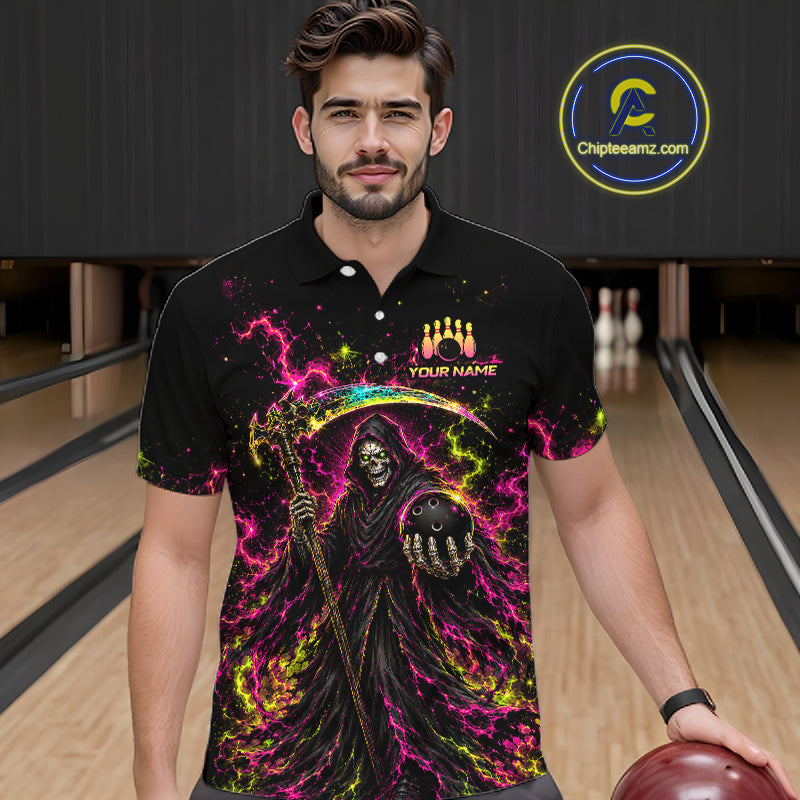 Flame Grim Reaper Bowling Team Shirts for Men Custom Bowling Gifts Bowler Polo & 1/4 Zip HNT533