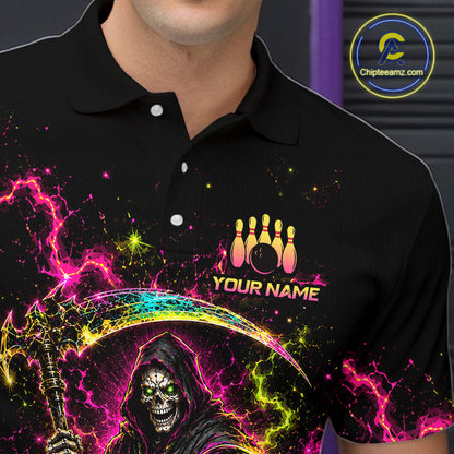 Flame Grim Reaper Bowling Team Shirts for Men Custom Bowling Gifts Bowler Polo & 1/4 Zip HNT533