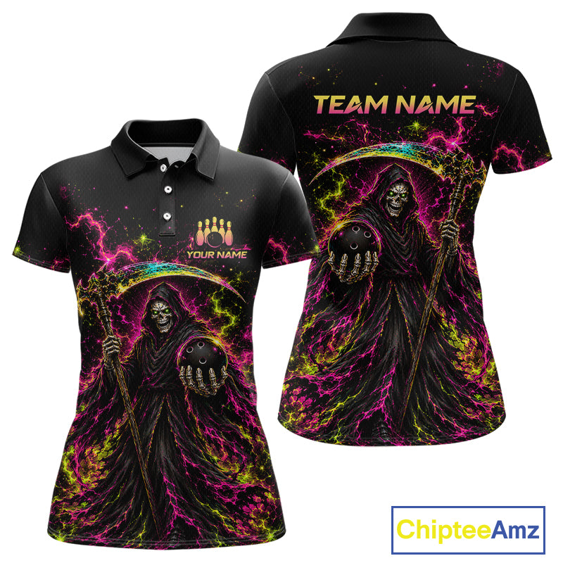 Flame Grim Reaper Bowling Team Shirts for Women Custom Bowling Gifts Bowler Polo & 1/4 Zip HNT533