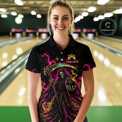 Flame Grim Reaper Bowling Team Shirts for Women Custom Bowling Gifts Bowler Polo & 1/4 Zip HNT533