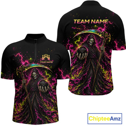 Flame Grim Reaper Bowling Team Shirts for Men Custom Bowling Gifts Bowler Polo & 1/4 Zip HNT533