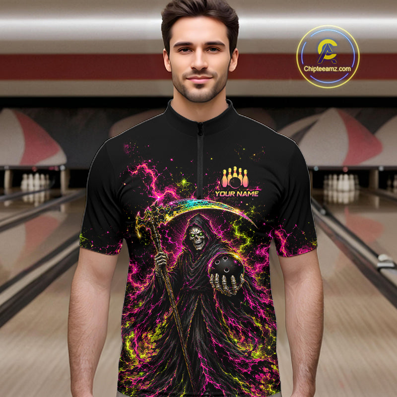 Flame Grim Reaper Bowling Team Shirts for Men Custom Bowling Gifts Bowler Polo & 1/4 Zip HNT533