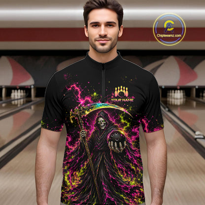 Flame Grim Reaper Bowling Team Shirts for Men Custom Bowling Gifts Bowler Polo & 1/4 Zip HNT533