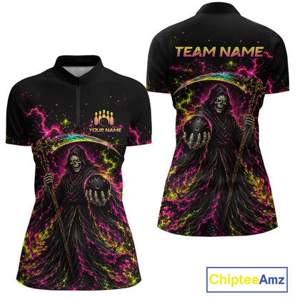 Flame Grim Reaper Bowling Team Shirts for Women Custom Bowling Gifts Bowler Polo & 1/4 Zip HNT533