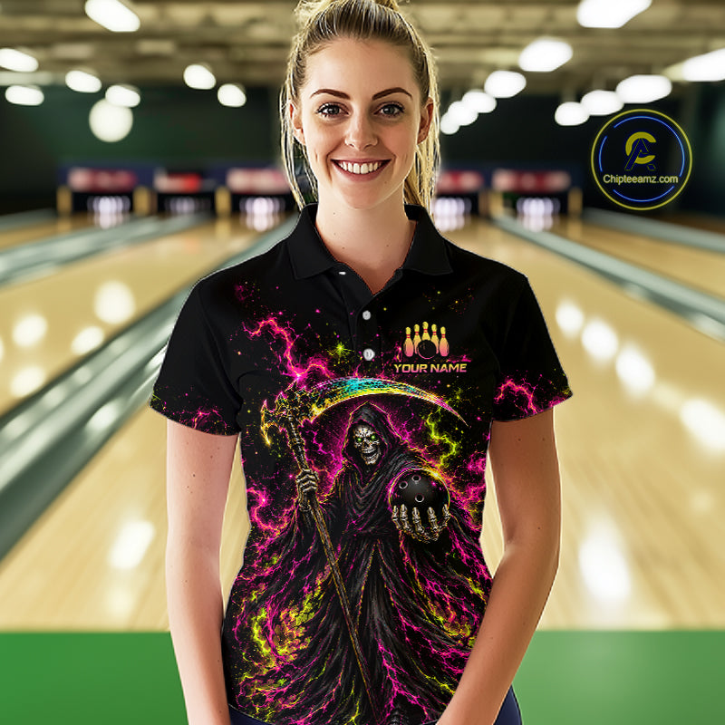 Flame Grim Reaper Bowling Team Shirts for Women Custom Bowling Gifts Bowler Polo & 1/4 Zip HNT533