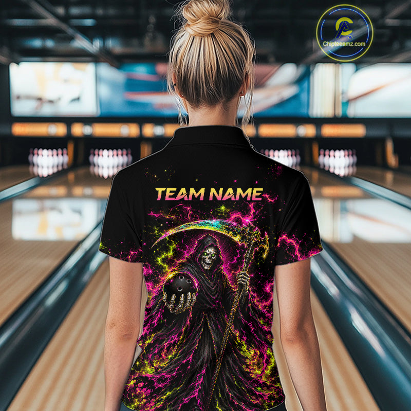 Flame Grim Reaper Bowling Team Shirts for Women Custom Bowling Gifts Bowler Polo & 1/4 Zip HNT533