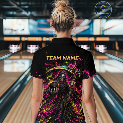 Flame Grim Reaper Bowling Team Shirts for Women Custom Bowling Gifts Bowler Polo & 1/4 Zip HNT533