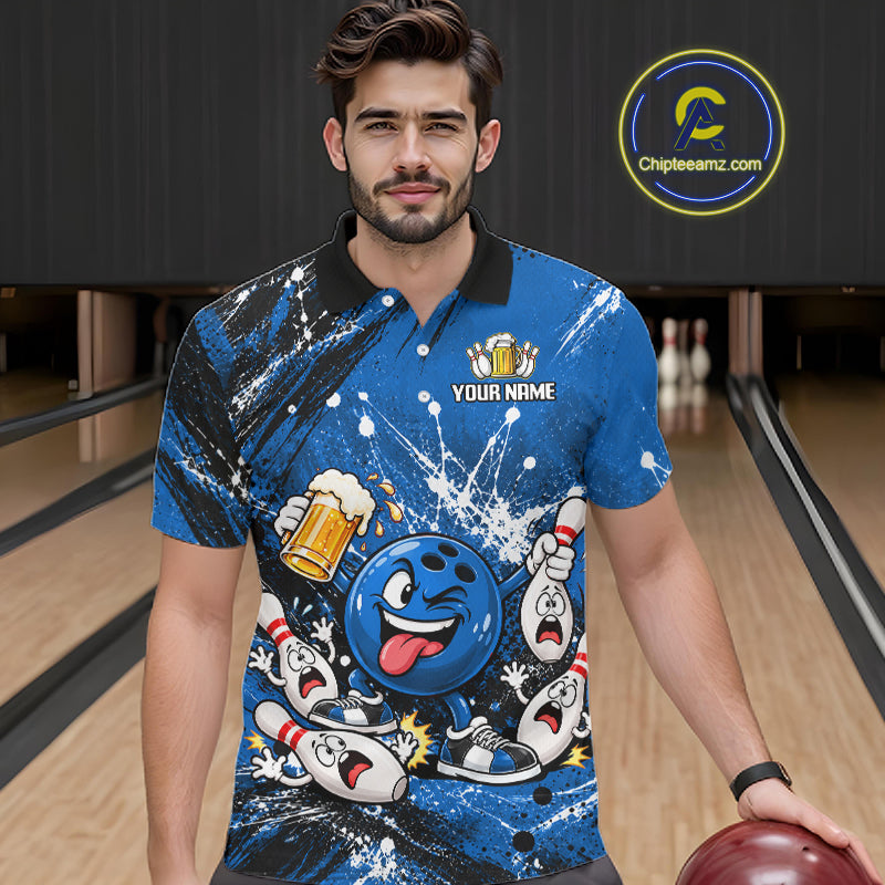 Blue Beer Bowling Ball and Pins Shirt, Custom Bowling Shirts for Men Bowling Team Jersey HNT682