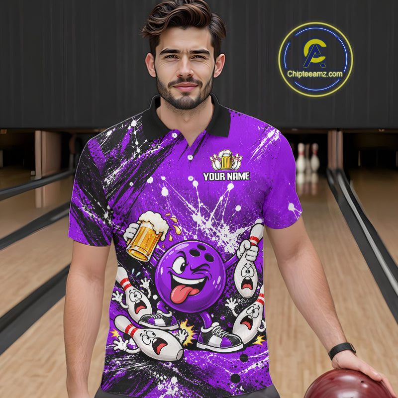 Purple Beer Bowling Ball and Pins Shirt, Custom Bowling Shirts for Men Bowling Team Jersey HNT682