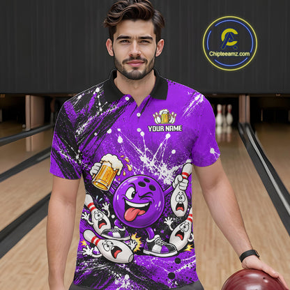 Purple Beer Bowling Ball and Pins Shirt, Custom Bowling Shirts for Men Bowling Team Jersey HNT682