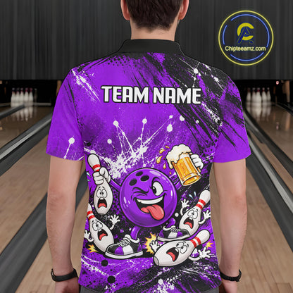 Purple Beer Bowling Ball and Pins Shirt, Custom Bowling Shirts for Men Bowling Team Jersey HNT682