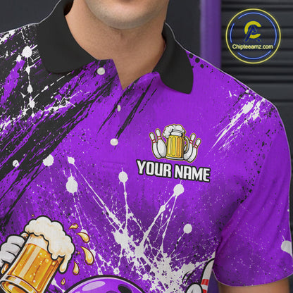Purple Beer Bowling Ball and Pins Shirt, Custom Bowling Shirts for Men Bowling Team Jersey HNT682