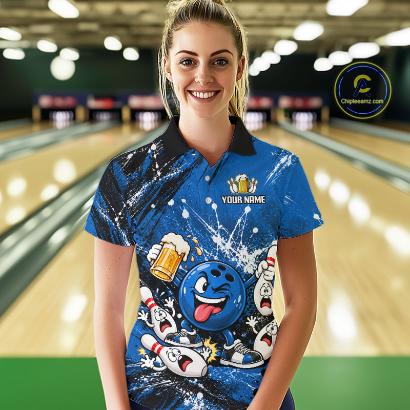 Blue Beer Bowling Ball and Pins Shirt, Custom Bowling Shirts for Women Bowling Team Jersey HNT682