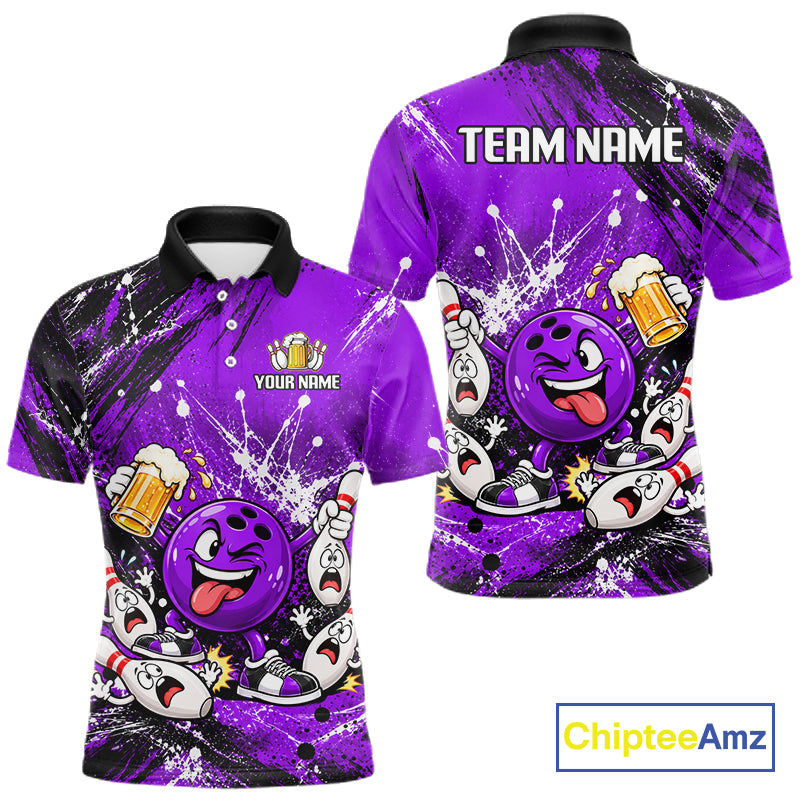 Purple Beer Bowling Ball and Pins Shirt, Custom Bowling Shirts for Men Bowling Team Jersey HNT682