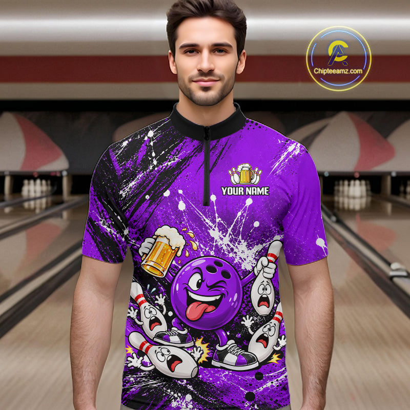 Purple Beer Bowling Ball and Pins Shirt, Custom Bowling Shirts for Men Bowling Team Jersey HNT682