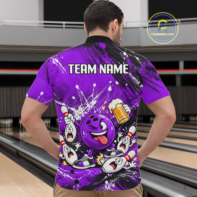 Purple Beer Bowling Ball and Pins Shirt, Custom Bowling Shirts for Men Bowling Team Jersey HNT682
