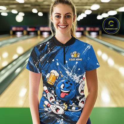 Blue Beer Bowling Ball and Pins Shirt, Custom Bowling Shirts for Women Bowling Team Jersey HNT682