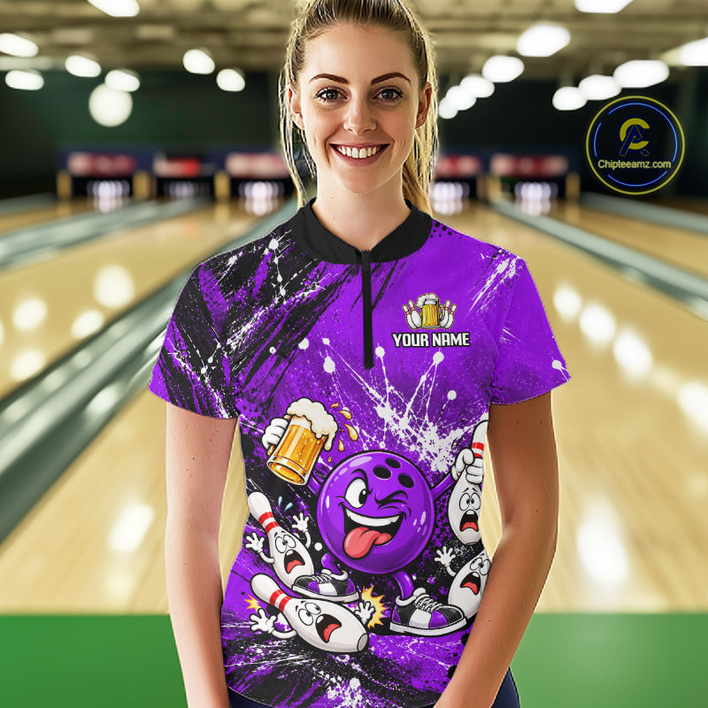 Purple Beer Bowling Ball and Pins Shirt, Custom Bowling Shirts for Women Bowling Team Jersey HNT682