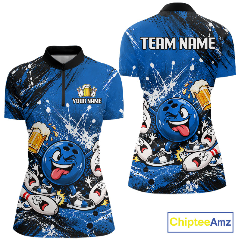 Blue Beer Bowling Ball and Pins Shirt, Custom Bowling Shirts for Women Bowling Team Jersey HNT682