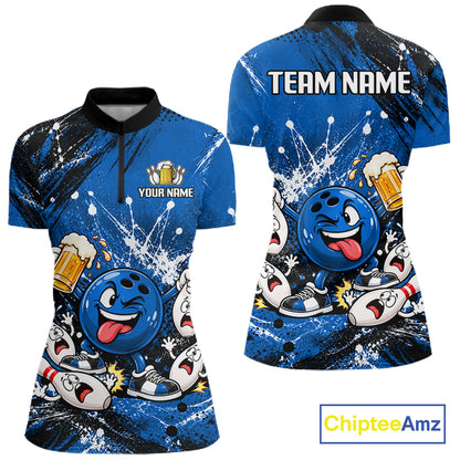 Blue Beer Bowling Ball and Pins Shirt, Custom Bowling Shirts for Women Bowling Team Jersey HNT682