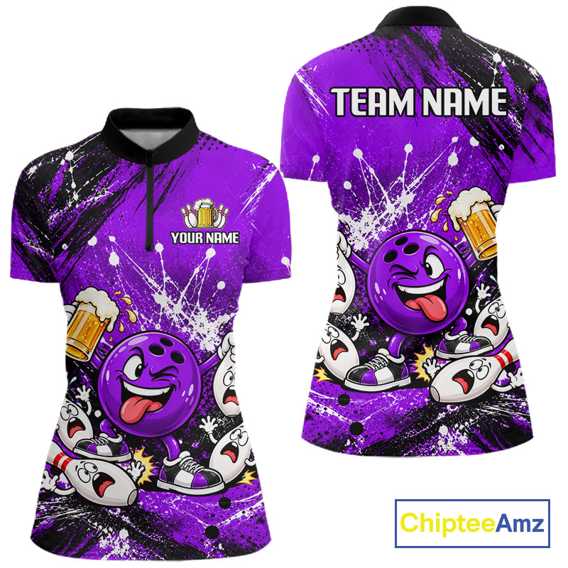 Purple Beer Bowling Ball and Pins Shirt, Custom Bowling Shirts for Women Bowling Team Jersey HNT682