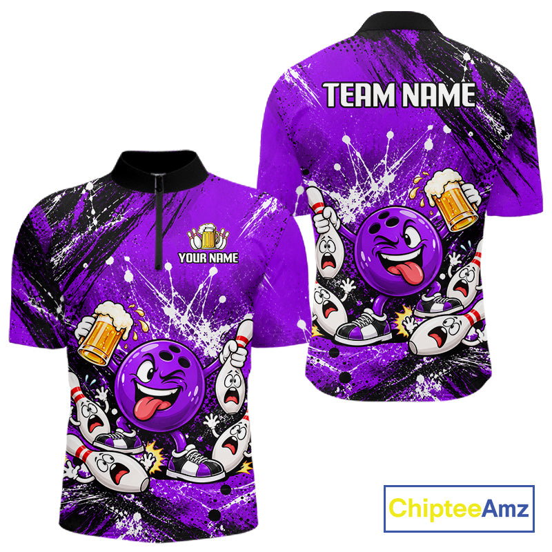 Purple Beer Bowling Ball and Pins Shirt, Custom Bowling Shirts for Men Bowling Team Jersey HNT682