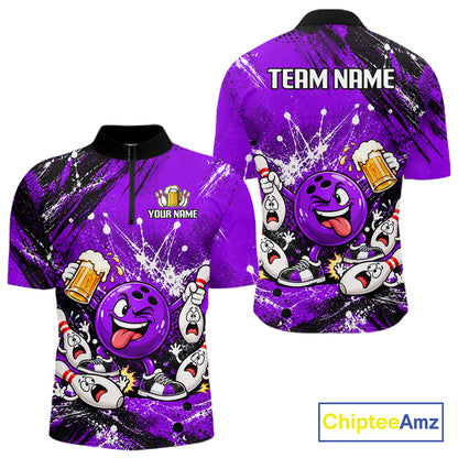 Purple Beer Bowling Ball and Pins Shirt, Custom Bowling Shirts for Men Bowling Team Jersey HNT682