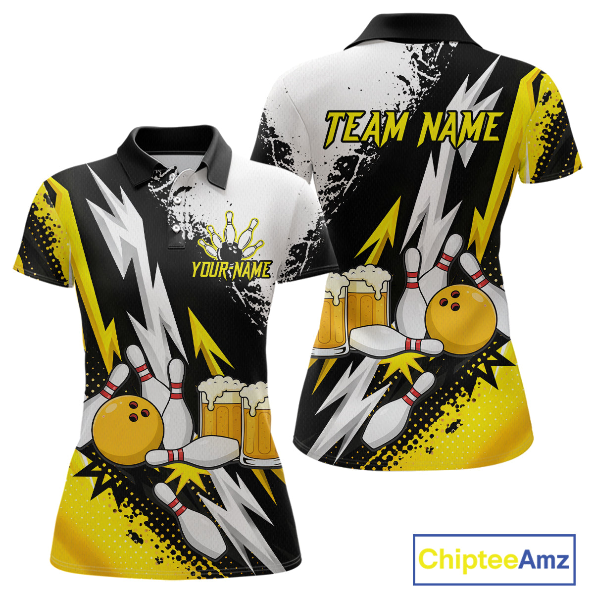 Custom Yellow Beer Bowling Jersey for Women Bowling Team Shirts Bowling League Polo & 1/4 Zip HNT505