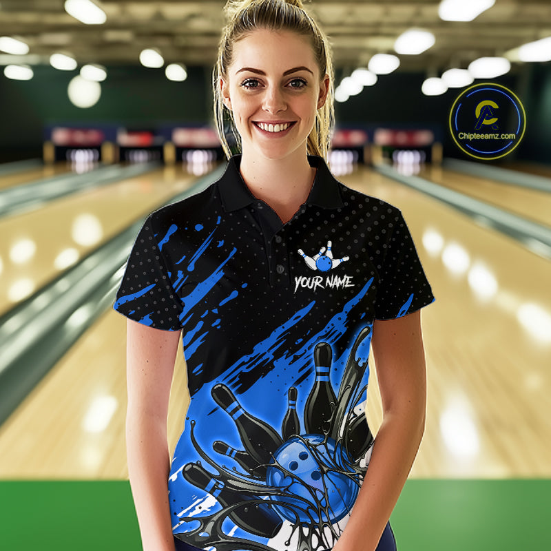 Custom Blue Bowling Jerseys For Women, Personalized Bowling Team Shirts Bowling Pin And Ball HNT283