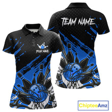 Load image into Gallery viewer, Custom Blue Bowling Jerseys For Women, Personalized Bowling Team Shirts Bowling Pin And Ball HNT283