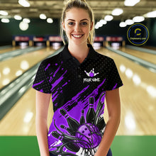 Load image into Gallery viewer, Custom Purple Bowling Jerseys For Women, Personalized Bowling Team Shirts Bowling Pin And Ball HNT283