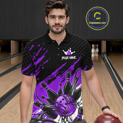 Custom Purple Bowling Jerseys For Men, Personalized Bowling Team Shirts Bowling Pin And Ball HNT283