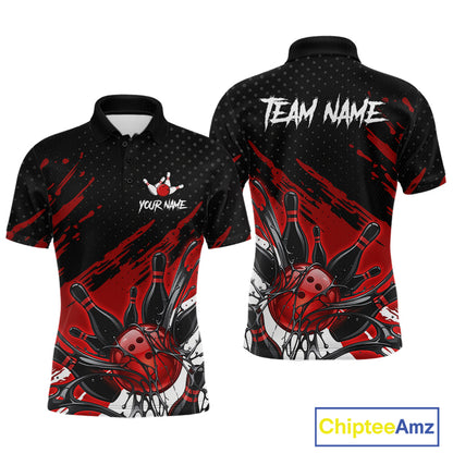 Custom Red Bowling Jerseys For Men, Personalized Bowling Team Shirts Bowling Pin And Ball HNT283
