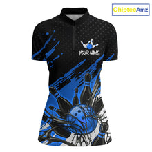 Load image into Gallery viewer, Custom Blue Bowling Jerseys For Women, Personalized Bowling Team Shirts Bowling Pin And Ball HNT283