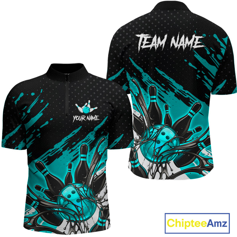 Custom Turquoise Bowling Jerseys For Men, Personalized Bowling Team Shirts Bowling Pin And Ball HNT283
