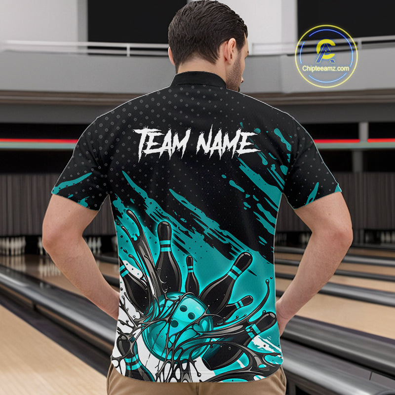 Custom Turquoise Bowling Jerseys For Men, Personalized Bowling Team Shirts Bowling Pin And Ball HNT283