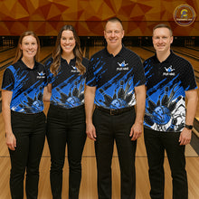 Load image into Gallery viewer, Custom Blue Bowling Jerseys For Women, Personalized Bowling Team Shirts Bowling Pin And Ball HNT283