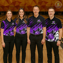 Load image into Gallery viewer, Custom Purple Bowling Jerseys For Women, Personalized Bowling Team Shirts Bowling Pin And Ball HNT283