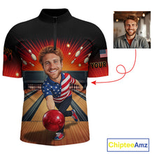 Load image into Gallery viewer, Custom Photo Funny American Flag Bowling Jersey for Men Bowling Team Shirts Polo &amp; 1/4 Zip HNT342